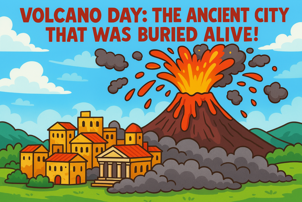 Illustration of Mount Vesuvius erupting above the ancient city of Pompeii