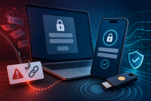 Devices showing password security, phishing warnings and a passkey sign-in