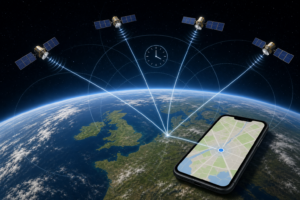 Navigation satellites sending timed signals to a smartphone above Earth