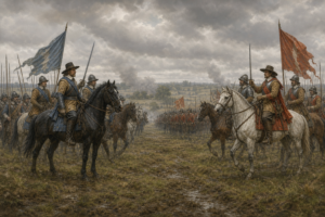 Parliamentarian and Royalist cavalry facing each other during the English Civil War