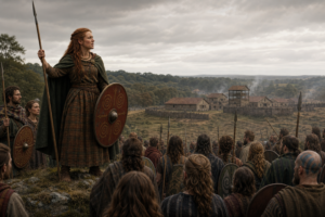 Illustration of Boudica and allied warriors near a Roman settlement in Britain