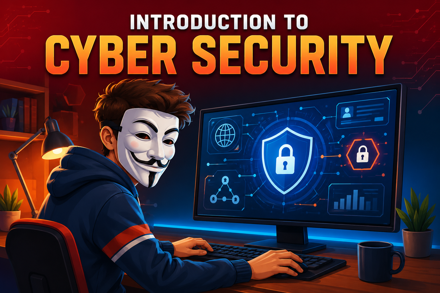 Teen learner wearing an Anonymous-style mask studying cyber security at a computer
