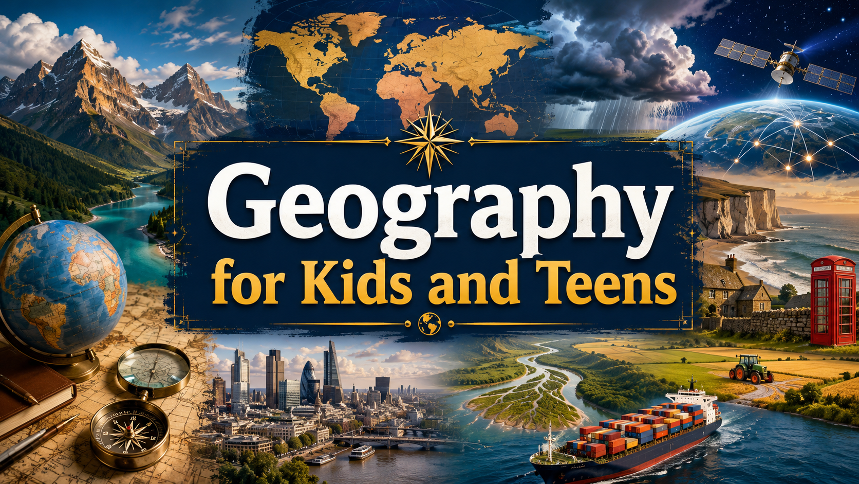 Geography for Kids and Teens learning hub featuring mountains, rivers, maps, weather, cities, farmland, trade and satellite navigation.