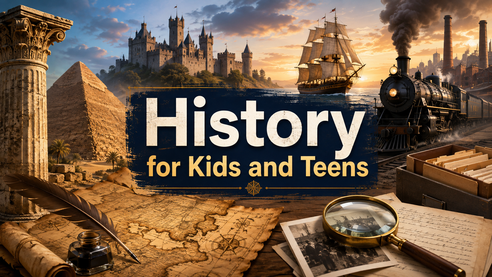 History for Kids and Teens learning hub featuring ancient Egypt, a medieval castle, a sailing ship, a steam train and historical documents.