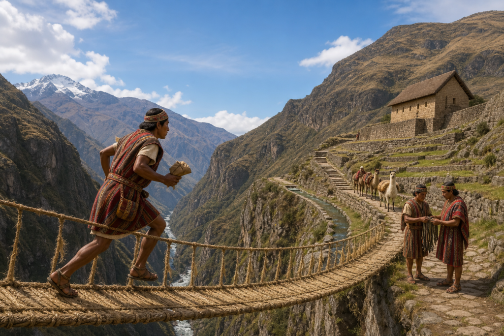 Inca messenger crossing a rope bridge in the Andes