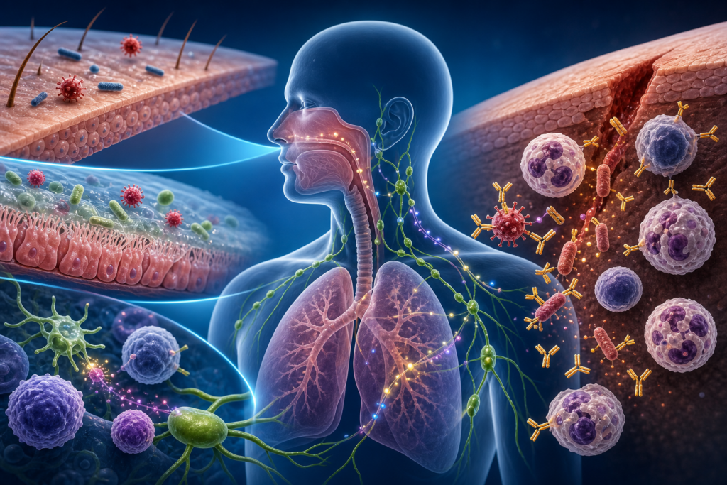 Illustration of immune cells and antibodies responding to invading pathogens in the human body