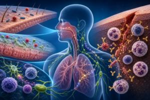 Illustration of immune cells and antibodies responding to invading pathogens in the human body