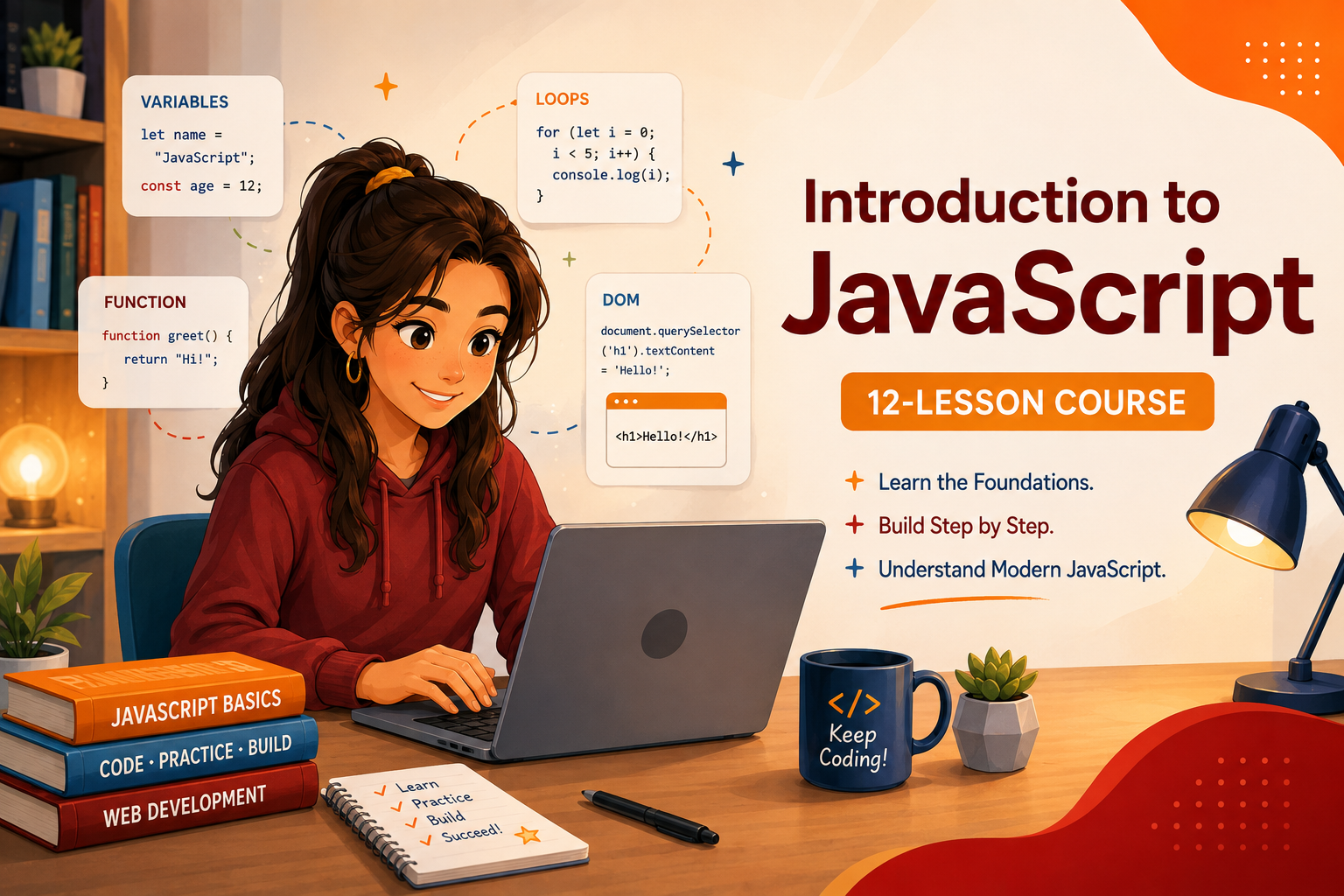 Teen learner studying JavaScript programming, including variables, functions, the DOM, events and asynchronous code