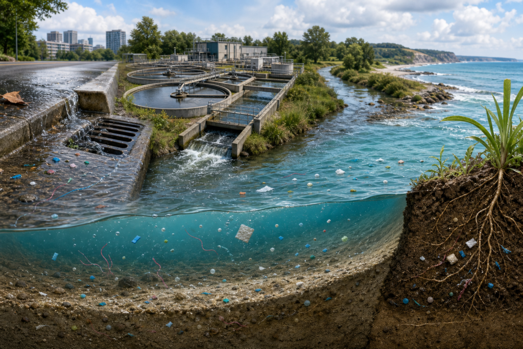 Microplastic particles moving through wastewater, rivers, ocean, soil and sediment