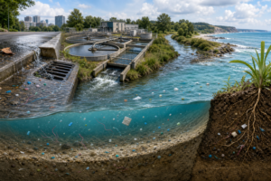 Microplastic particles moving through wastewater, rivers, ocean, soil and sediment
