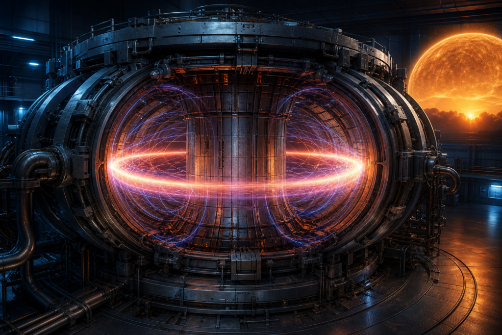Glowing plasma confined inside a tokamak fusion reactor