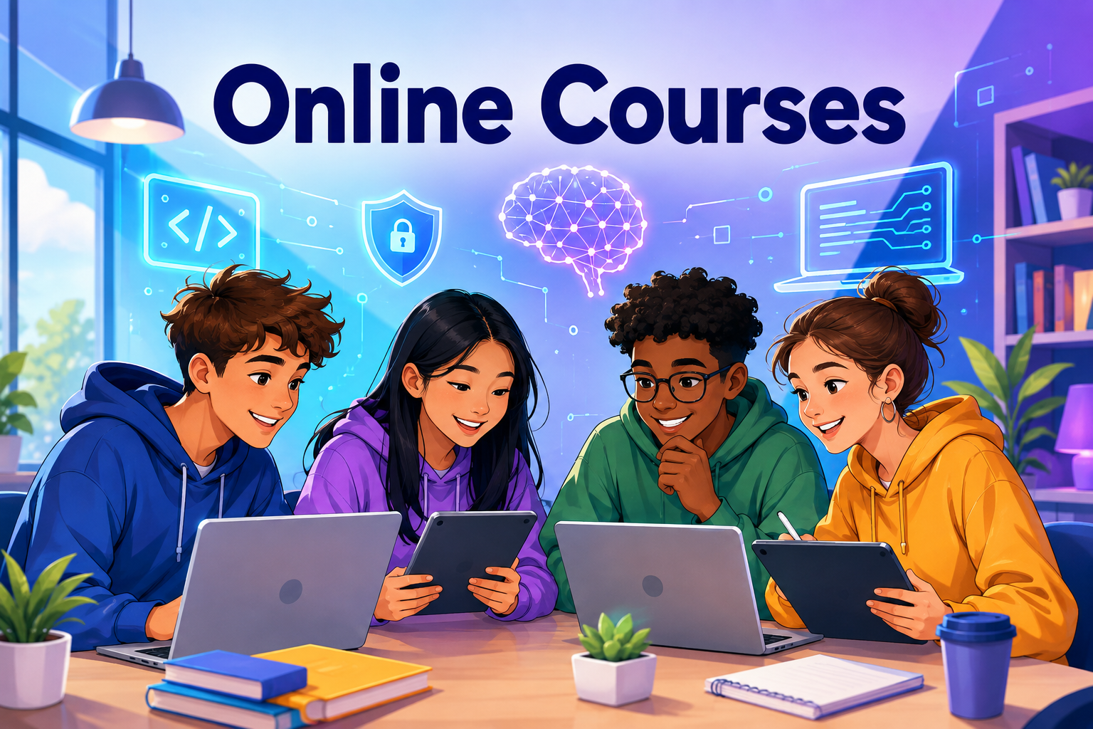 Teenagers studying online courses in coding, cyber security and artificial intelligence