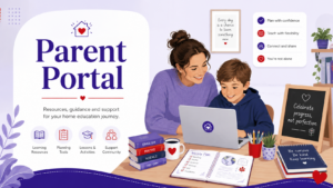 Parent and child using a laptop together with books, planning tools and home education resources.