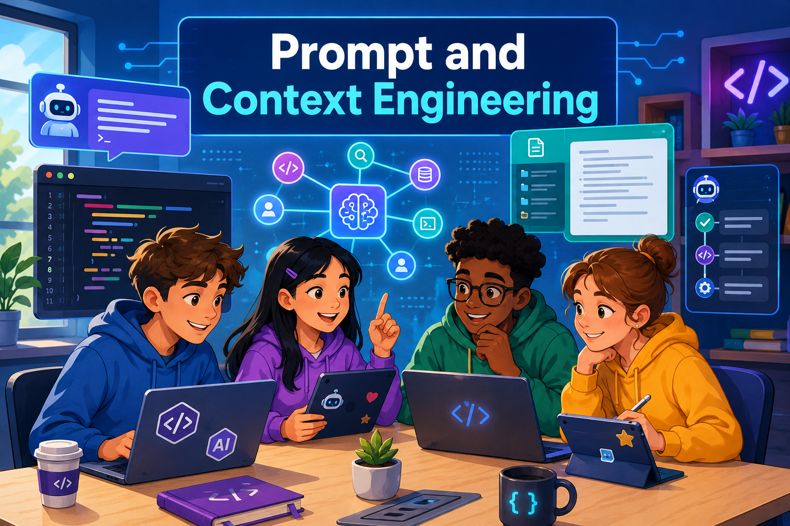 Teenagers learning prompt and context engineering for AI coding with laptops, coding tools and AI workflow diagrams
