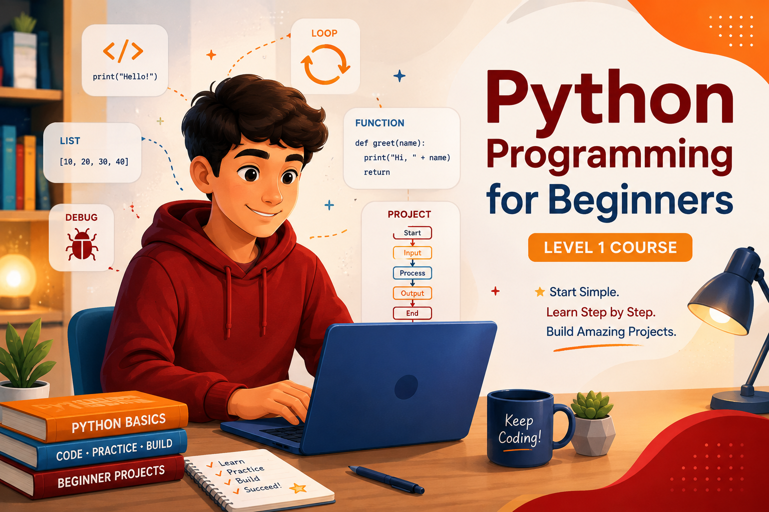 Teen learner studying Python programming with examples of loops, lists, functions, debugging and beginner projects