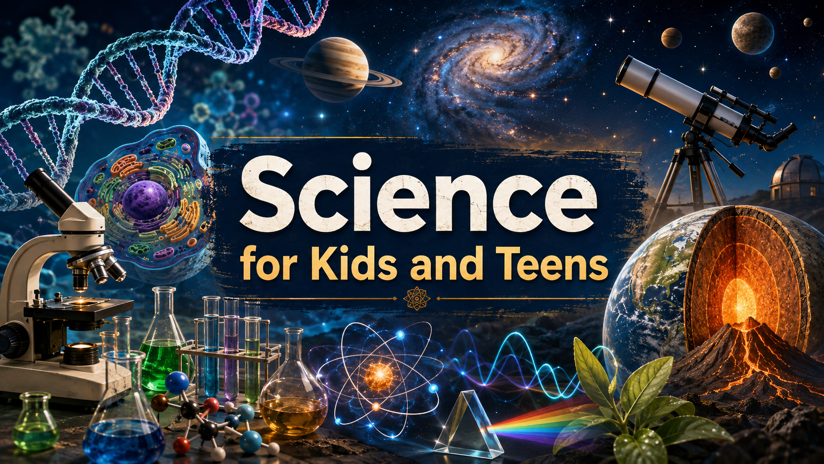 Science for Kids and Teens learning hub featuring biology, chemistry, physics, Earth science and space.