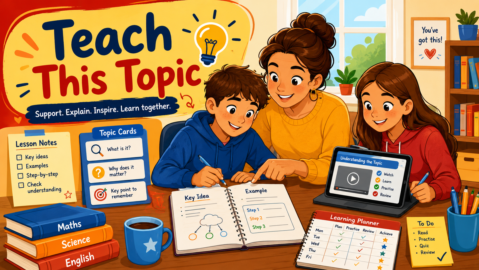 Cartoon illustration of a parent helping two young learners with Teach This Topic guides, lesson notes, planning materials and online learning resources