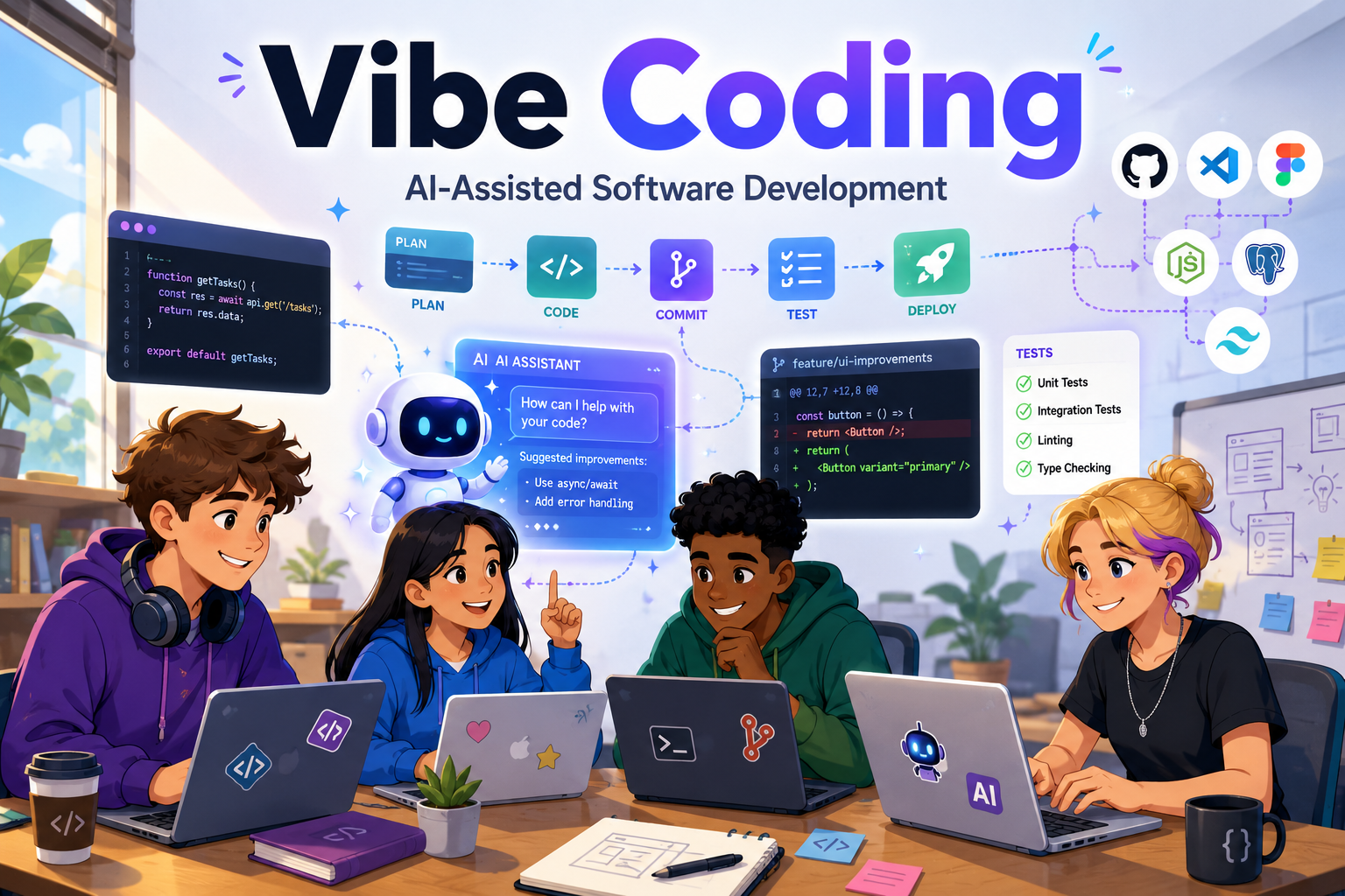 Teenagers learning vibe coding and AI-assisted software development with coding agents, Git, testing and development tools